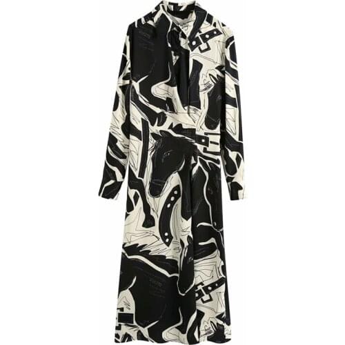 Evfer Women Spring Autumn Casual Horse Print High Waist Za Long Dress Female Fashion Turn-Down Collar Animal Print Shirt Dresses
