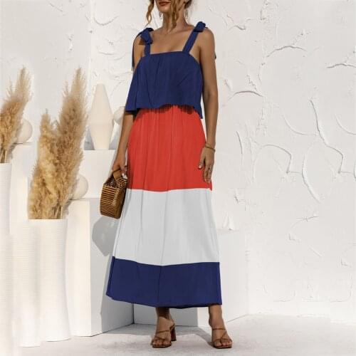 Womens Summer Dress Casual Stitching sling Long Dress Hawaiian Beach Style Sleeveless Red Loose Comfortable woman Dress Fashion