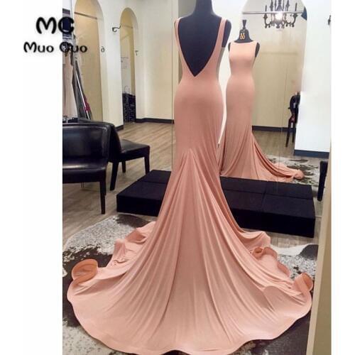 Pink 2019 In Stock Mermaid Evening Dress Backless Prom Dresses Long Sleeveless Elastic Satin Formal Evening Party Dresses