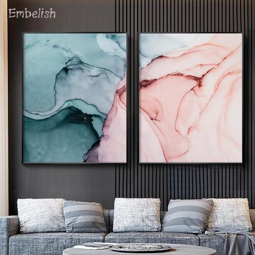 Embelish 2 Pieces Abstract Ink Paints Pink And Blue Color Wall Pictures For Living Room HD Print Canvas Paintings Home Decor