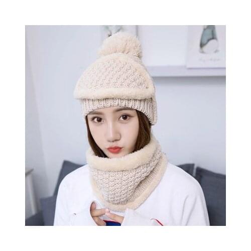 2021 Winter Beanie Outdoors Women Fashion Solid Fur Wool Lining Thick Warm Knit Cashmere Hat Cap Scarf Sets Skullies Bonnet