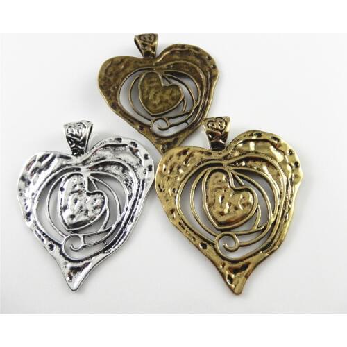 3piece) Mix Creative Heart Pendant For Necklace Vintage Alloy Bracelet Charms 70*64mm Jewelry Accessories Handmade Crafts 52597