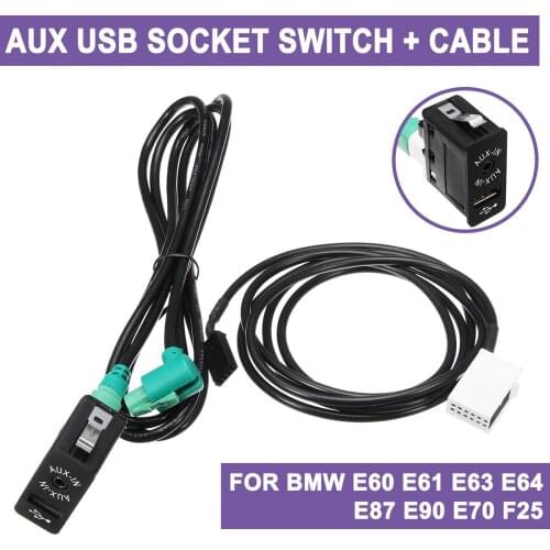 Car AUX USB Socket Switch+AUX USB Cable For BMW E60 E61 E63 E64 E87 E90 E70 F25 for Phantom USB Cable Adapter Audio Harness Wire