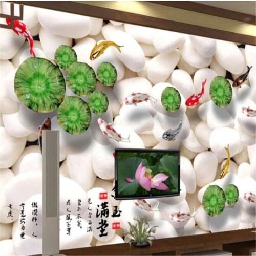 Beibehang Custom wallpaper 3d photo mural pebbles lotus leaf koi gold jade full house ceramic embossed TV background wall paper