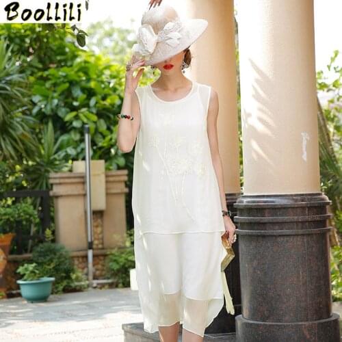 Boollili Summer Dress Real Silk Dress Women Vintage Embroidery Midi Beach Dress White Elegant Party Dress Vestidos Mujer
