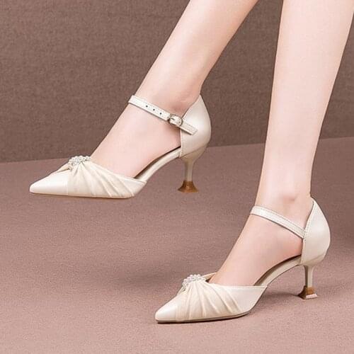Summer Women Ankle Strap Dress Shoes Pointed Toe Sandals OL Office Lady Shoes High Heels Pearls Pumps Sandalias mujer