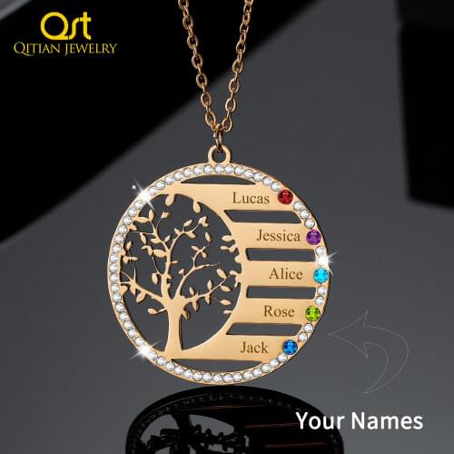 Personalized Family Tree Name Necklace With Birthstone Crystal Pendant Engrave Name Chain Stainless Steel Jewelry Christmas Gift