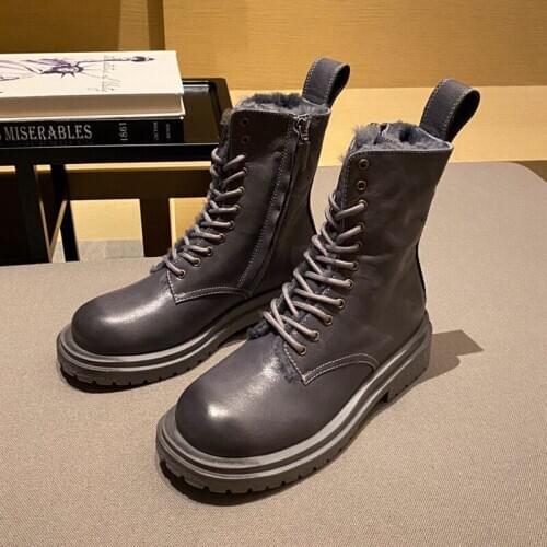 DOYUTIG Winter Style Womens Real Cow Leather Hoof Heel Boots Lady Warm Wool Lining Middle Boots Trendy Women Boots Shoes AA003