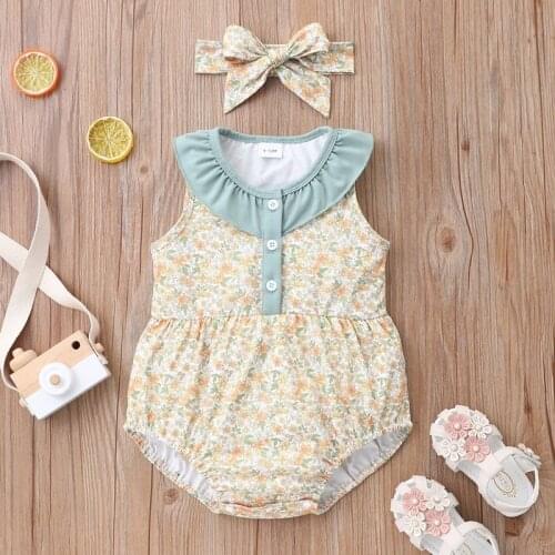 Baby Girl Clothes 2 Pcs Sets Sweet Floral Print Turn-down Collar Sleeveless Baby Bodysuit+bow Headband Baby Girl Romper 0-18M