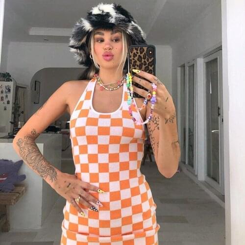 Summer new fashion sexy plaid U-neck halterneck slim dress