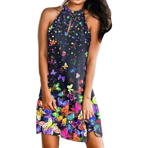 Summer Dress Women Dresses Bohemian Polyester Butterflies Print Strapless Sleeveless Halter Dress Women Dress Summer Plus Size