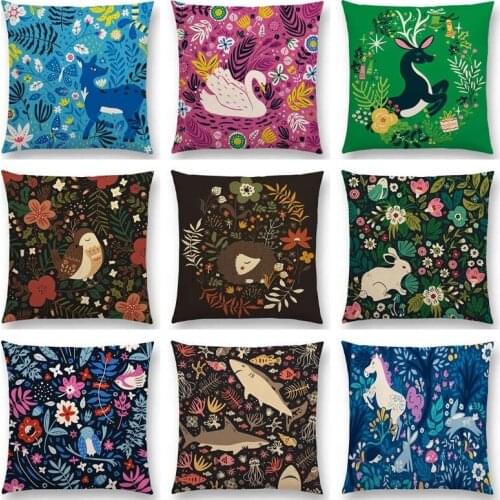 Cute Little Animals Floral Pattern Sofa Throw Pillow Case Lovely Bird Hedgehog Deer Swan Rabbit Cushion Cover Home Decoration 45