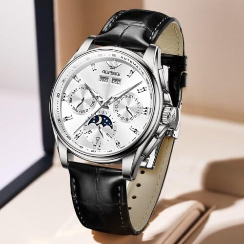 OUPINKE Men Mechanical Watch Moon Phase Luxury Automatic Watch Leather Sapphire Waterproof Fashion Business Wristwatch 3189