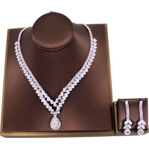Dropship Zircons High Quality Silver Color Necklace Jewelry Cubic Zirconia Bridal Wedding Necklace And Earring Sets Party Gift
