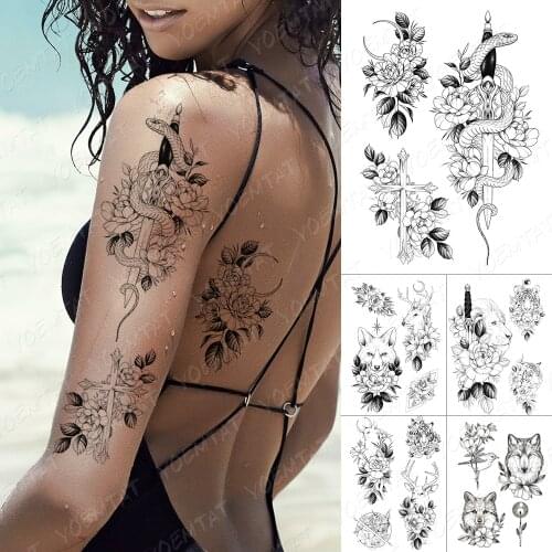 Waterproof Temporary Tattoo Sticker Line Snake Sword Flower Flash Tattoos Fox Lion Wolf Body Art Arm Leg Fake Tatoo Women Men