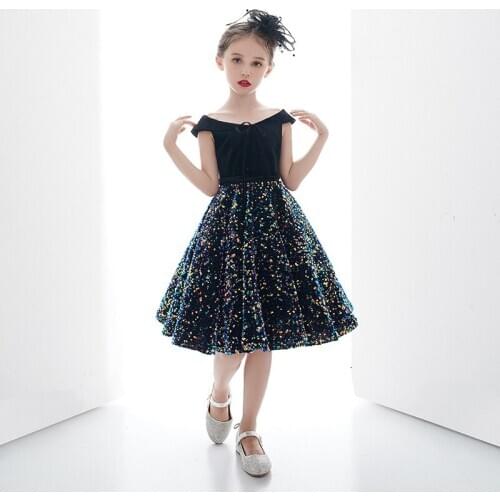 Flower Girl Dress Illusion Short Sequined V-Neck Princess Knee-Length Luxury Black Lace Elegant Tulle Lovely Kid Party Gown H190
