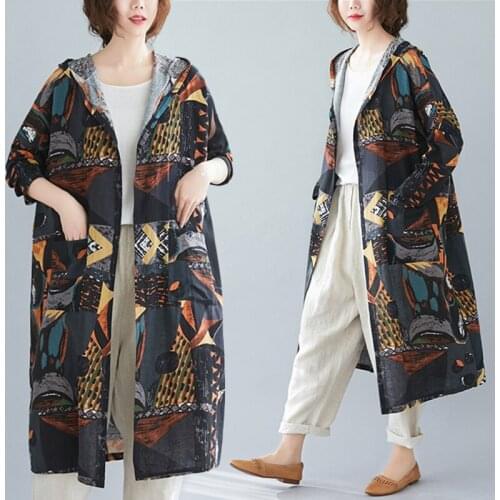 Plus size women new cotton linen retro casual fashion windbreaker hooded long-sleeved jacket cardigan 2021 spring new trend s594