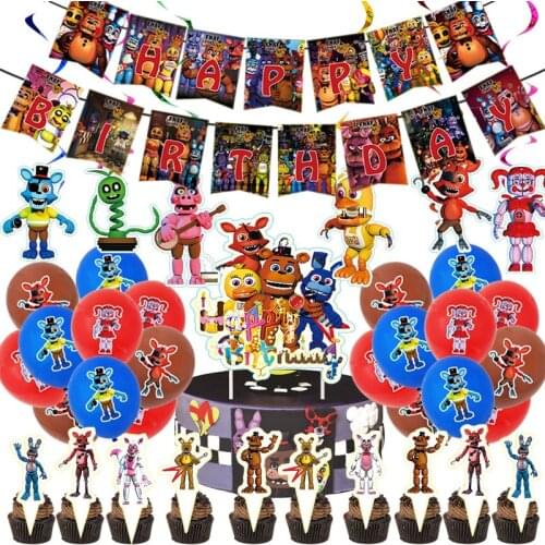 FNAF Theme Birthday Party Decoration Supplies Freddy Flag Banner Cake Toppers Hanging Spiral Kids Favors Baby Shower Balloons