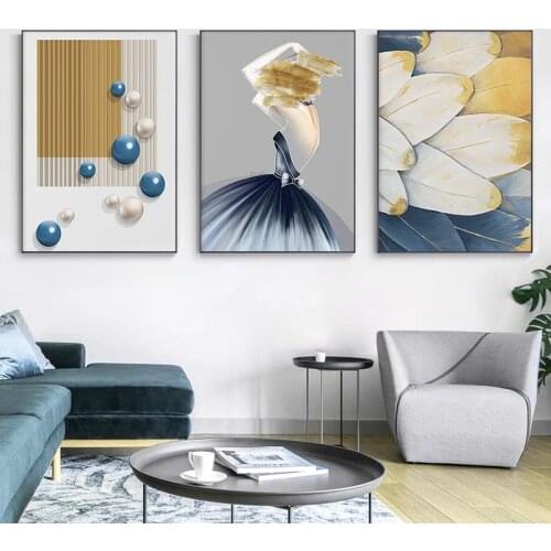 Modern Skirt Women Feather Geometry Canvas Painting Blue Yellow Poster and Print Abstract Wall Art Picture for Living Room Decor