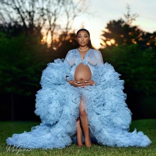 Bridal Fluffy Tulle Maternity Robes Custom Made Sky Blue Women Long Dresses Photo Shoot Beach Birthday Party Bathrobe Sleepwear
