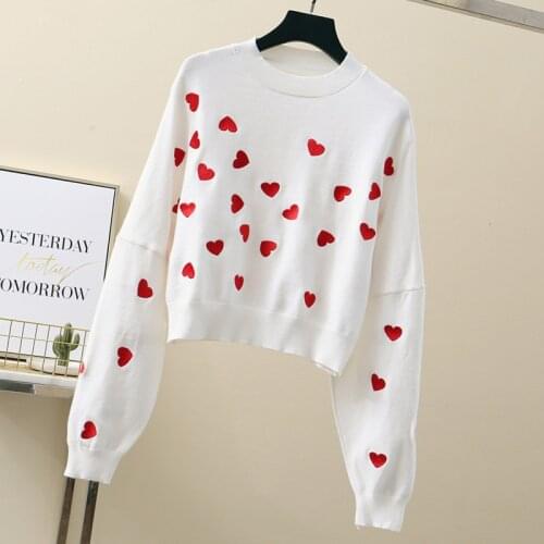 Knitted Sweater Pullover Tops Autumn Winter Korean Fashion Pink Pull Femme Print Heart Autumn Winter Clothes Embroidery Short