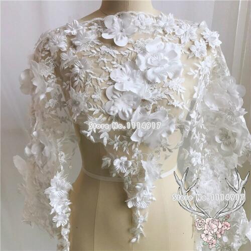 Three-dimensional Heavy Satin Decals Nail Pearl Embroidery Lace Fabric Wedding Dress DIY Handmade Decoration Width 53cm 1yard