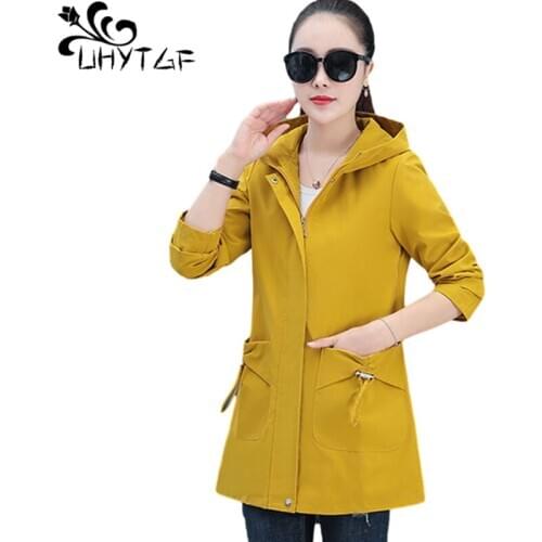 UHYTGF Spring Autumn Trench Coat Womens Mid-Length Hooded Elegant Female Windbreaker New Pocket Zipper Plus Size Outerwear 1431