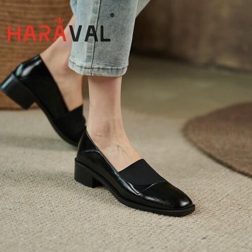 HARAVAL Women Pumps Shoes Elegant Round Toe Genuine Leather Office Lady Black Brown Spring Autumn Loafers Shoes Students A312