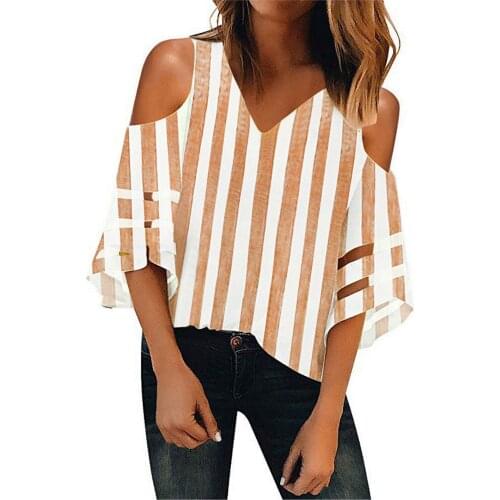 Striped Tunic Tops For Female Blusas Feminina Verao 2021 Summer Fashion Tops Womens Loose Stitching Chiffon Off Shoulder Top