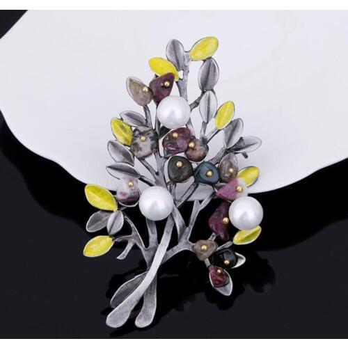 2017 Simulated Pearl Tree Brooches for Women Nature Stone Brooch Vintage Multicolor Leaves Broche Jewelry Scarves Buckle XZ154