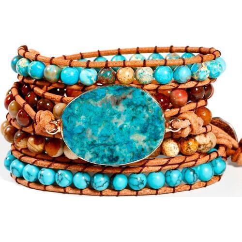 Women Wrap Bracelets Natural Stone Weave Boho Multilayers Leather Bracelets