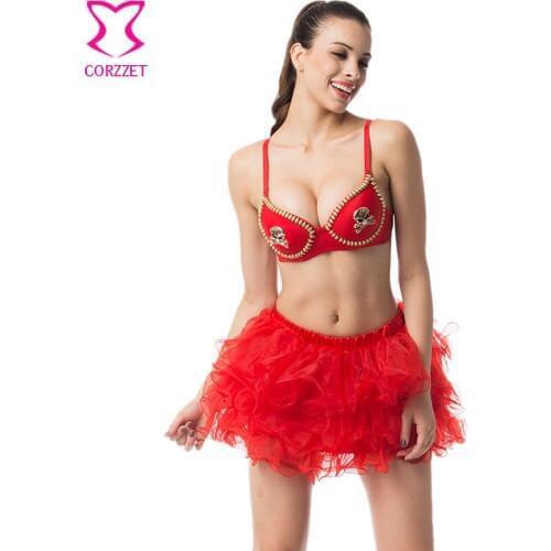 Red Cotton With Gold Pirate Skull & Rivet Studded Punk Rock Gothic Bralette Brassiere Push Up Bra Sexy Plus Size Bras For Women