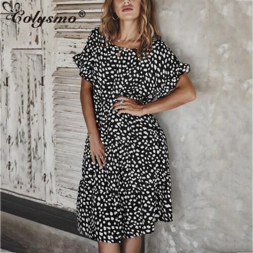 Colysmo Print Ruffle Dress Polka Dot Short Sleeve High Waist Crewneck Midi Dress Casual Vestido Women Summer Fashion Party Dress