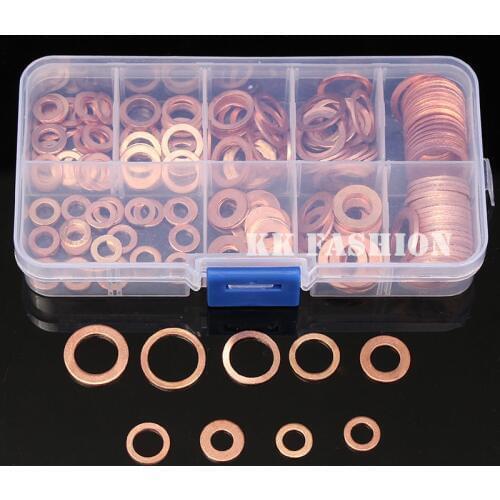 200pcs/Set M5-M14 Solid Copper Washers Flat Ring Sump Plug Oil Seal Assorted Set Professional Hardware Accessories Kit with Case