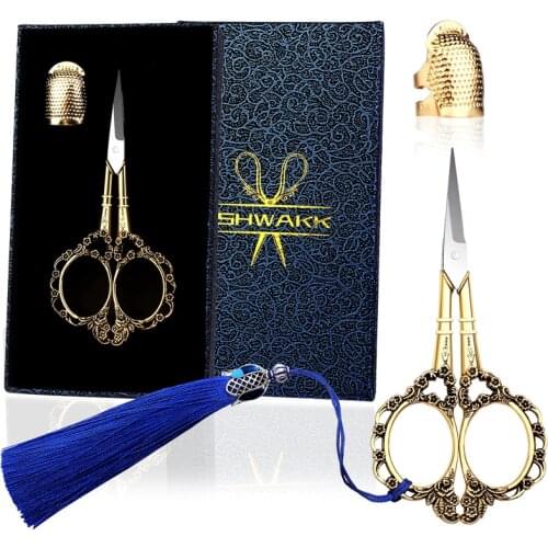 SHWAKK 3 Pcs Stainless Steel Tailor Scissors Embroidery Scissors Set With Thimble And Tassel And For DIY Sewing Tool