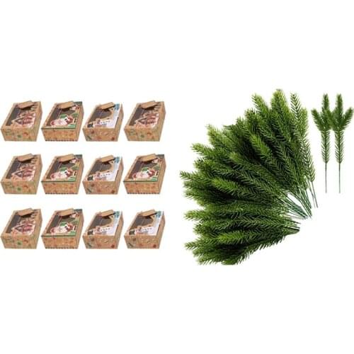 30Pcs Artificial Pine Needles Green Plant,Fake Greenery Pine Picks & 12Pcs Kraft Paper Portable Christmas Gift Box