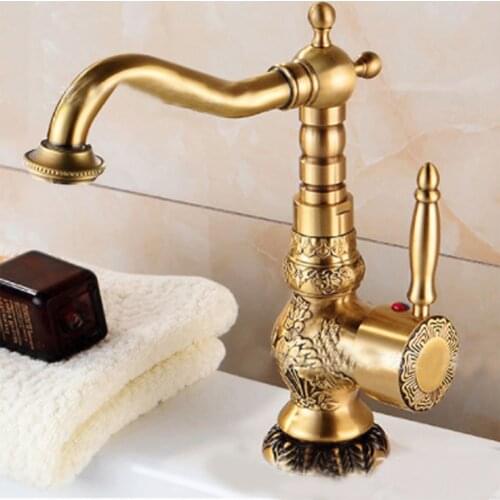 Antique Brass Carved Basin Faucet Bathroom Long Spout Wash Sink Tap Retro Rotatable Single Handle Hot And Cold Water Mixer Tap