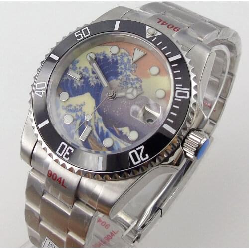 Bliger 40mm Japan NH35/NH35A Automatic Movement Mens Mechanical Watch Date Cyclops Sapphire Glass Kanagawa 904L Steel Bracelet