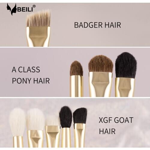 BEILI Luxury 9 pieces Natural goat hair Pony badger white Professional Makeup brush set Eye define Smoky shade gold eye brush