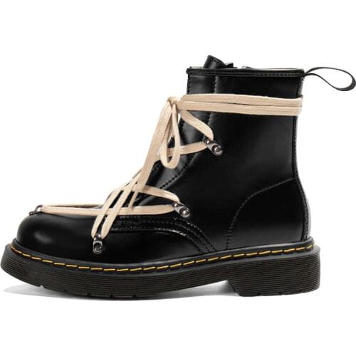 Ankle Boots Women PU Leather Lace-Up Round Toe Lady Booties Autumn Winter Platform Sole Shoes Handmade