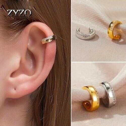ZYZQ Personality C-Shaped Ear Bone Female Clip Copper Gold Color CZ No Pierced Ear Clip Hip-Hop Street Earrings Jewelry