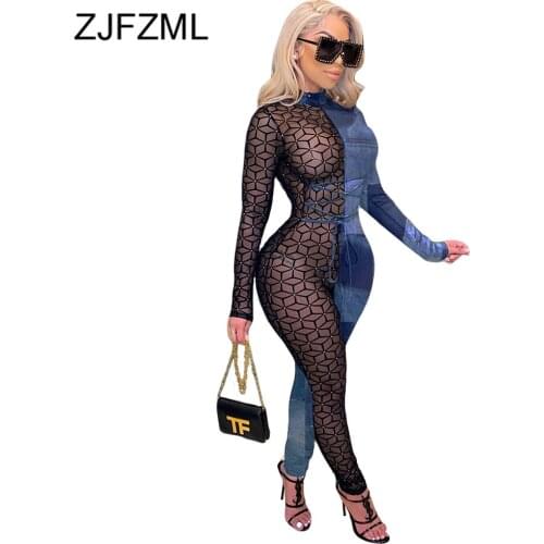 Sheer Mesh Plaid Spliced See Through Skinny Romper Autumn Clothing for Women 2021 Streetwear Lace Up Color Match Party Jumpsuits