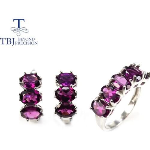 925 sterling silver 9ct Natural Rhodolite garnet jewelry set brazil rhodolite top quality oval 5*7mm gemstone clasp earring ring