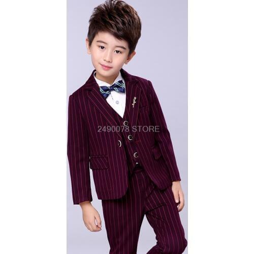 Boys Suit For Wedding Kids Formal Stripe Jacket +Vest+Pants Bowtie 4pcs Clothing Set Children Performance Party Dress Costume