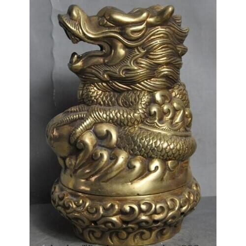7"Marked Chinese Buddhism Temple Brass Dragon Beast Lucky Incense Burner Censer