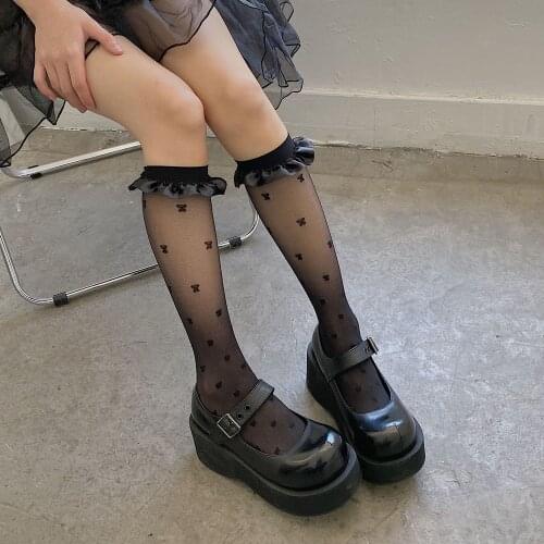 Lolita Long Women SocksTransparent High Knee Socks Female Elastic Bowknot Thin Silk Sock Leg Girls Summer Calcetine Medias
