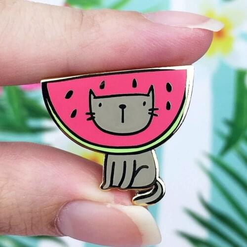 Cartoons Kitty Watermelon Cat Enamel Brooch Pin Backpack Hat Bag Lapel Pins Badges Women Mens Fashion Jewelry Accessories