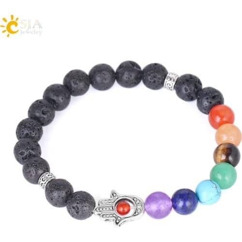 CSJA Men Hamsa Bracelet Lucky Hand 7 Chakra Natural Round Stone Beaded Women Lava Charms Bracelets Antique Silver Color E280