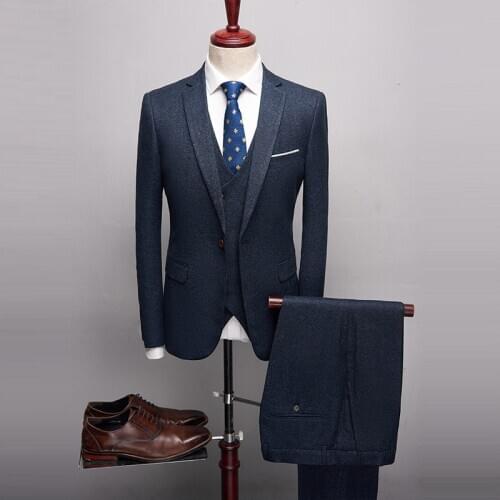 Groomsmen Peak Lapel Navy Blue Men Suits for Wedding Groom Tuxedos Prom Business Best Man Blazers ( Jacket+Pants+Vest)