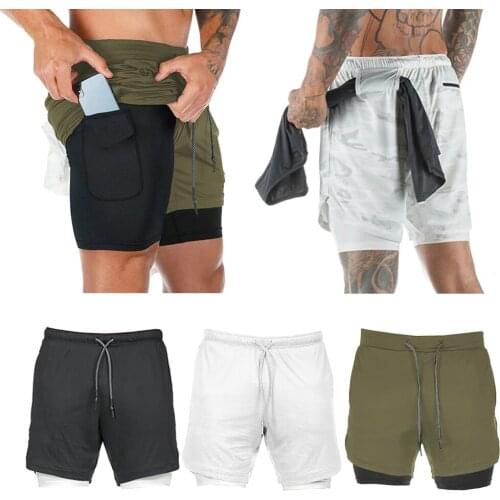 Mens 2 in 1 Running Shorts with Lining Inner Compression Short Zip Pockets Fitness Bottom Base Layer